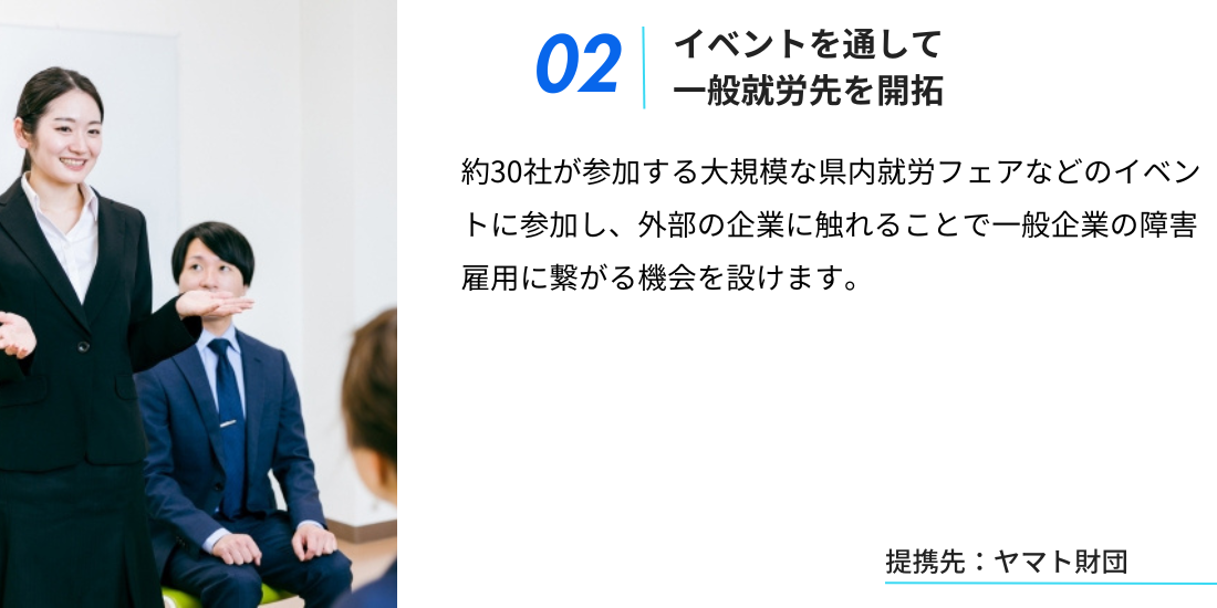 イベントを通して一般就労先を開拓

約30社が参加する大規模な県内就労フェアなどのイベントに参加し、外部の企業に触れることで一般企業の障害雇用に繫がる機会を設けます。
提供先：ヤマト財団